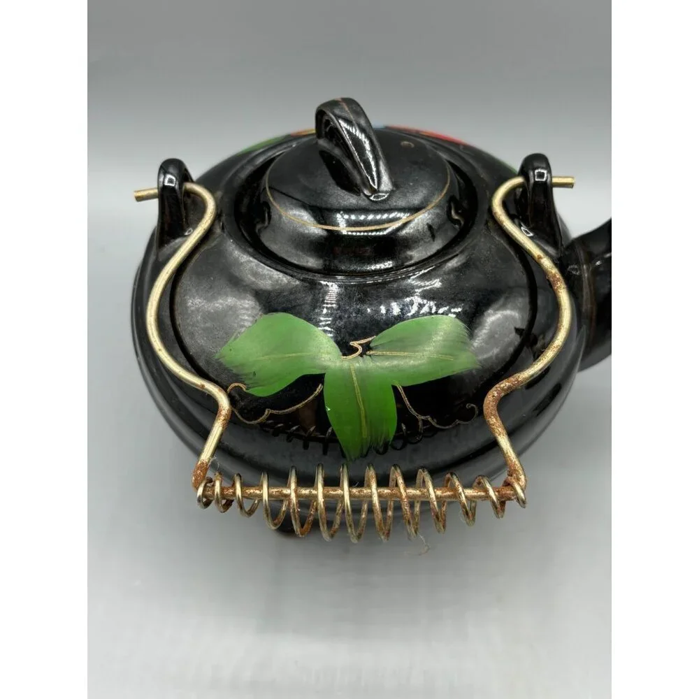 Vtg Wales Black Teapot With Hand Painted Fruit Design Coiled Metal‎ Handle